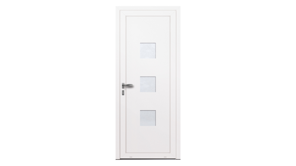 Porte d'entrée PVC parclosé VOLTA Porte d'entrée blanche avec trois inserts carrés placé au centre horizontalement